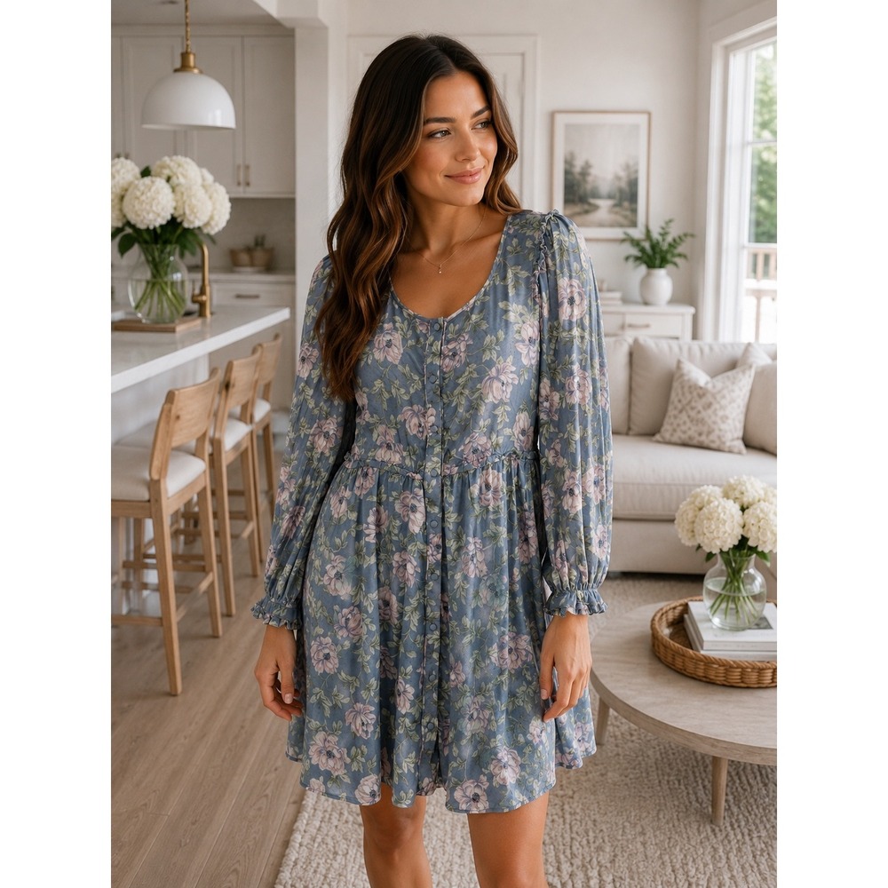 Gal Meets Glam Blue Floral Button Front Ruffle Mini Dress Size 12 Cottagecore